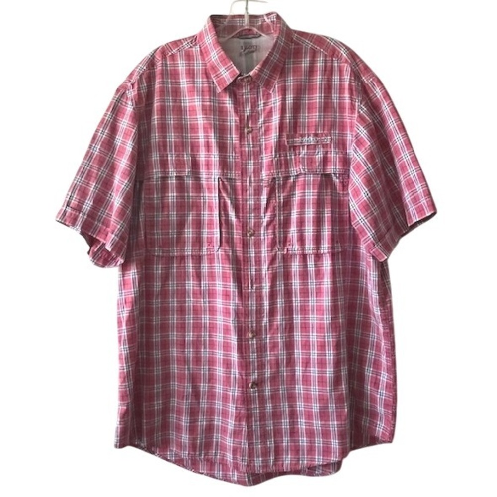 IZOD Saltwater Mens Shirt L Coral Plaid‎ Vented Short Sleeve Outdoor Fishing